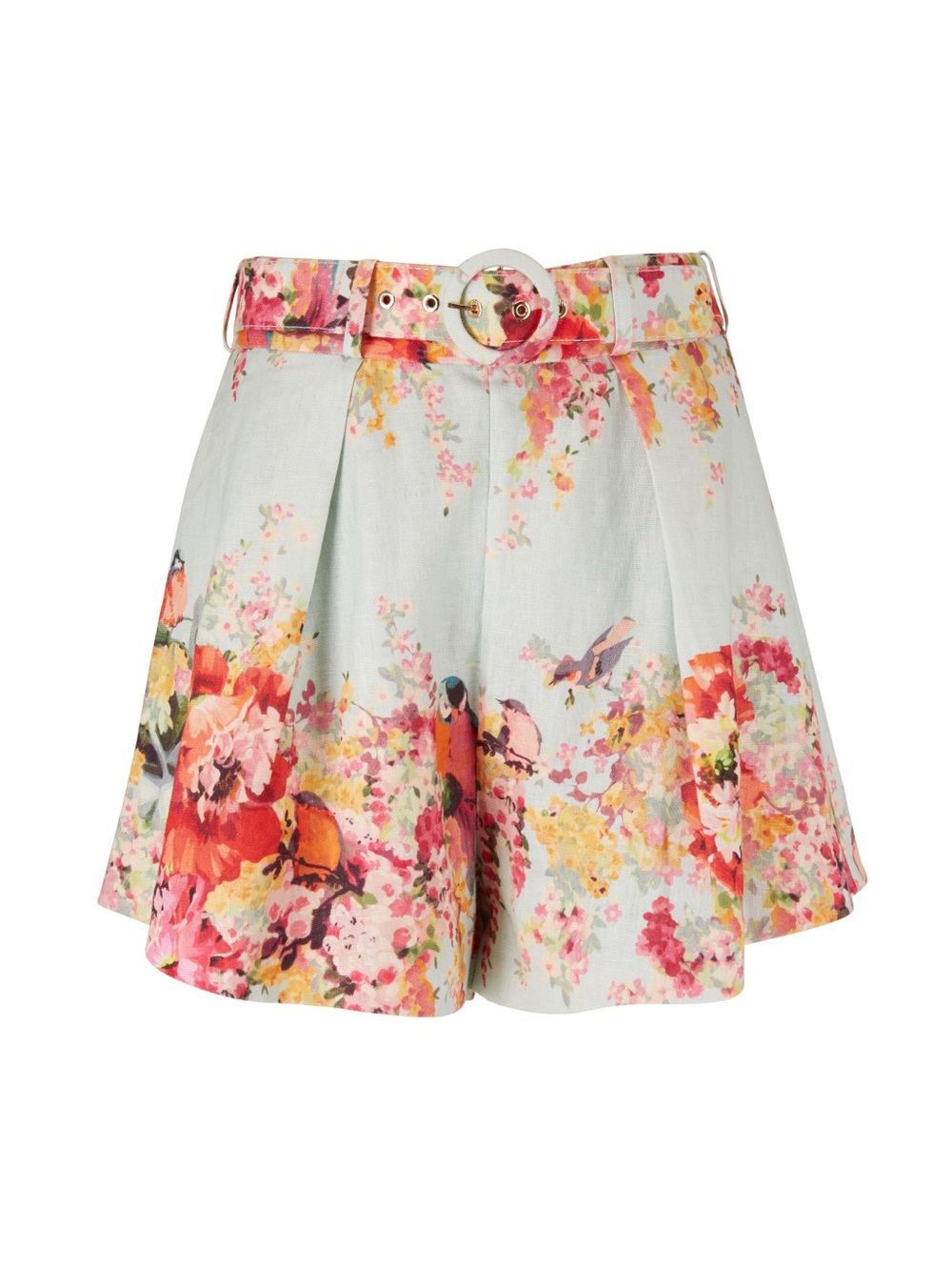 Authentic Zimmermann Mae Tuck Mint Pink Yellow Floral Belted High-Waisted Shorts